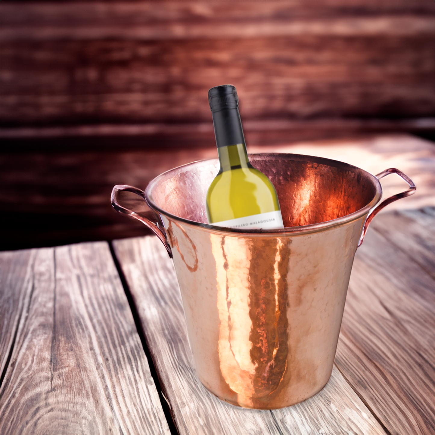 
                  
                    Hand Hammered Copper Wine Bucket (Polished) - Square Handles - Orion's Table 
                  
                