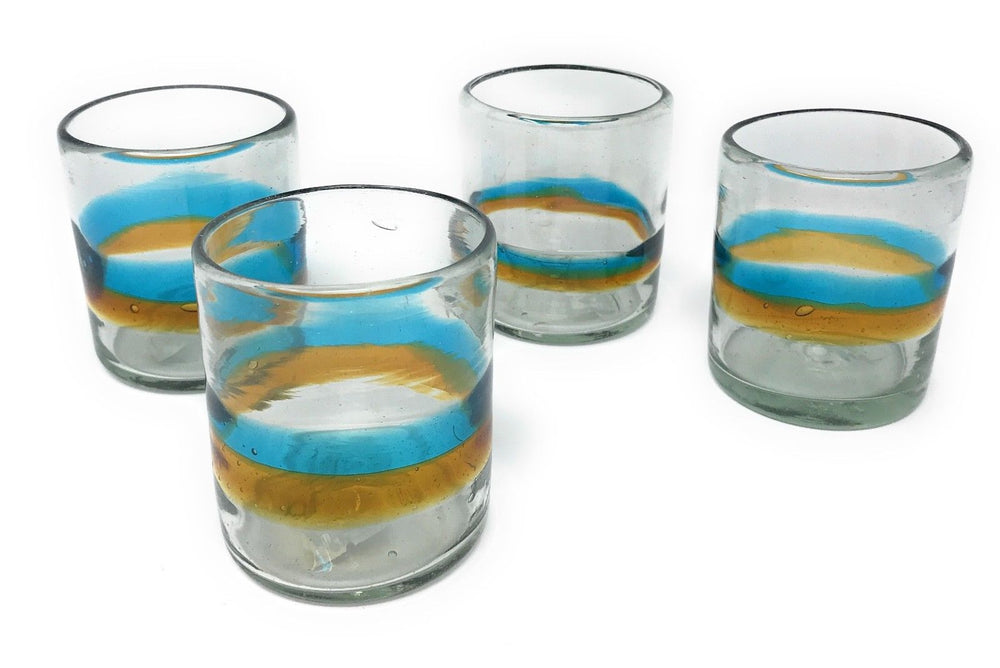 Orion Mexican Glassware Banded Turquoise / Amber 12 oz All Purpose - Set of 4 - Orion's Table Mexican Glassware