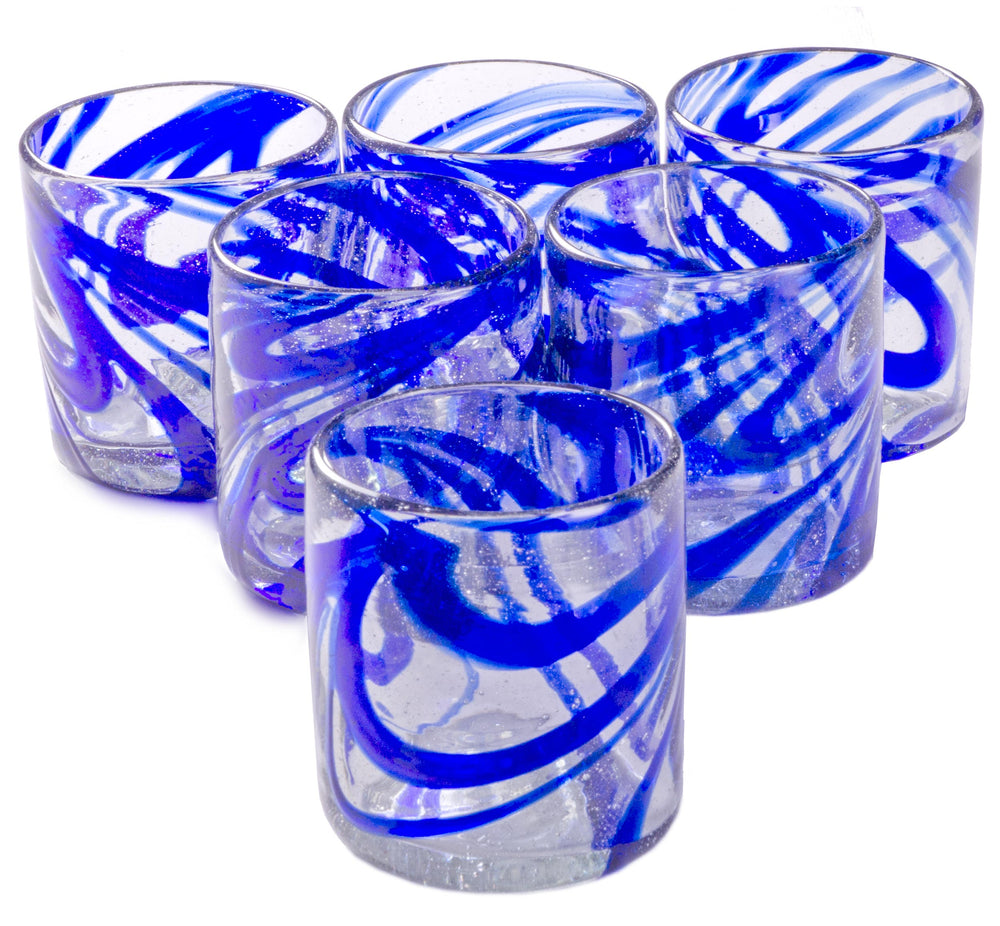 Set of 6 Hand-blown Mexican Margarita Glasses Blue Swirl 12 Oz 