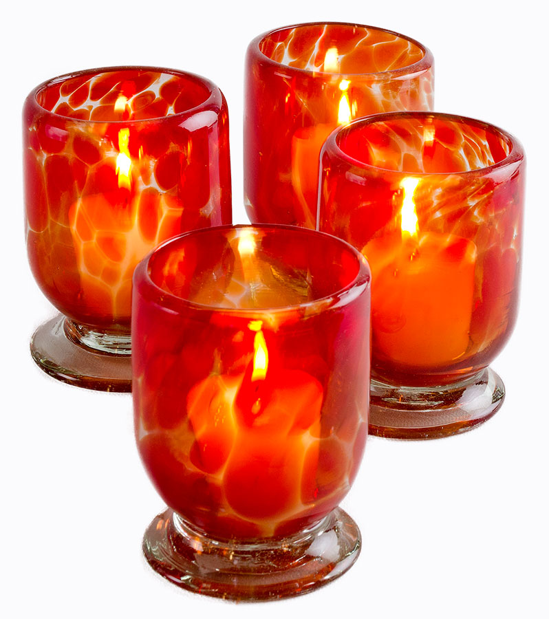 Orion Sedona Votive Collection - Recycled Clear Glass With Red Splash - Set of 4 - Orion's Table Mexican Glassware
